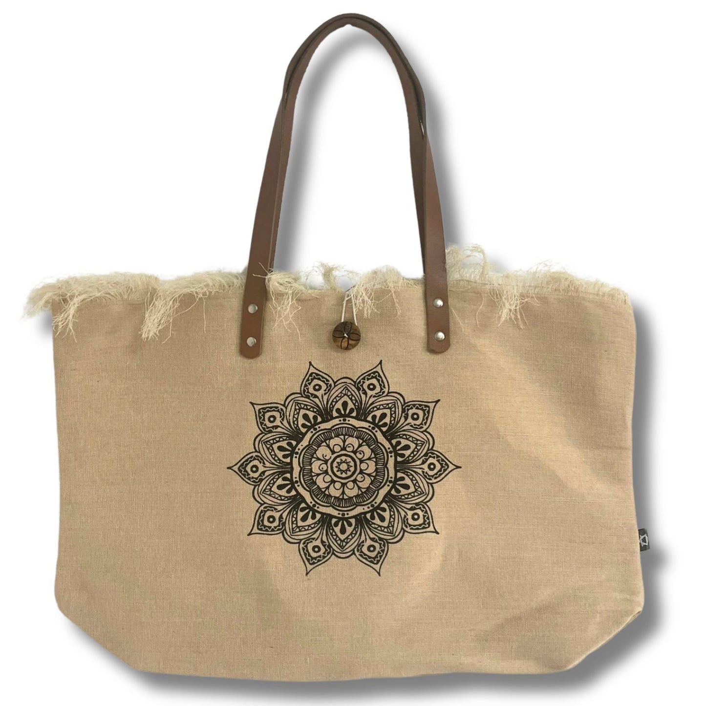 Natural Tote Bag – Baumwolltasche mit Lederhenkeln und Blume-des-Lebens-Motiv