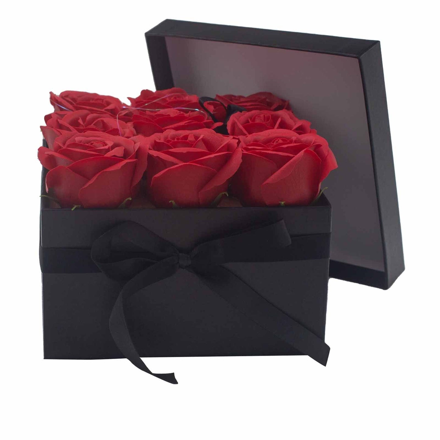 Luxus-Seifenrosenstrauß 'Ewige Romantik' - 9 rote Rosen im Quadrat-Arrangement