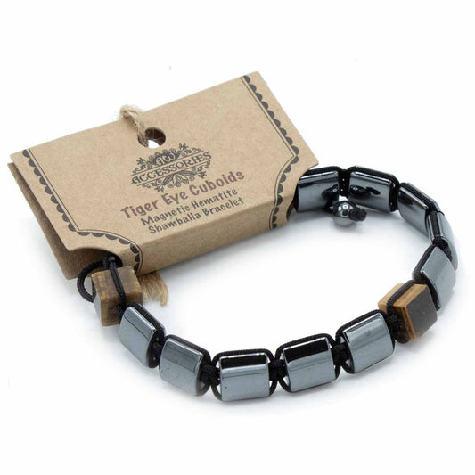Shamballa Armband mit magnetischem Hämatit und Tigerauge-Würfeln