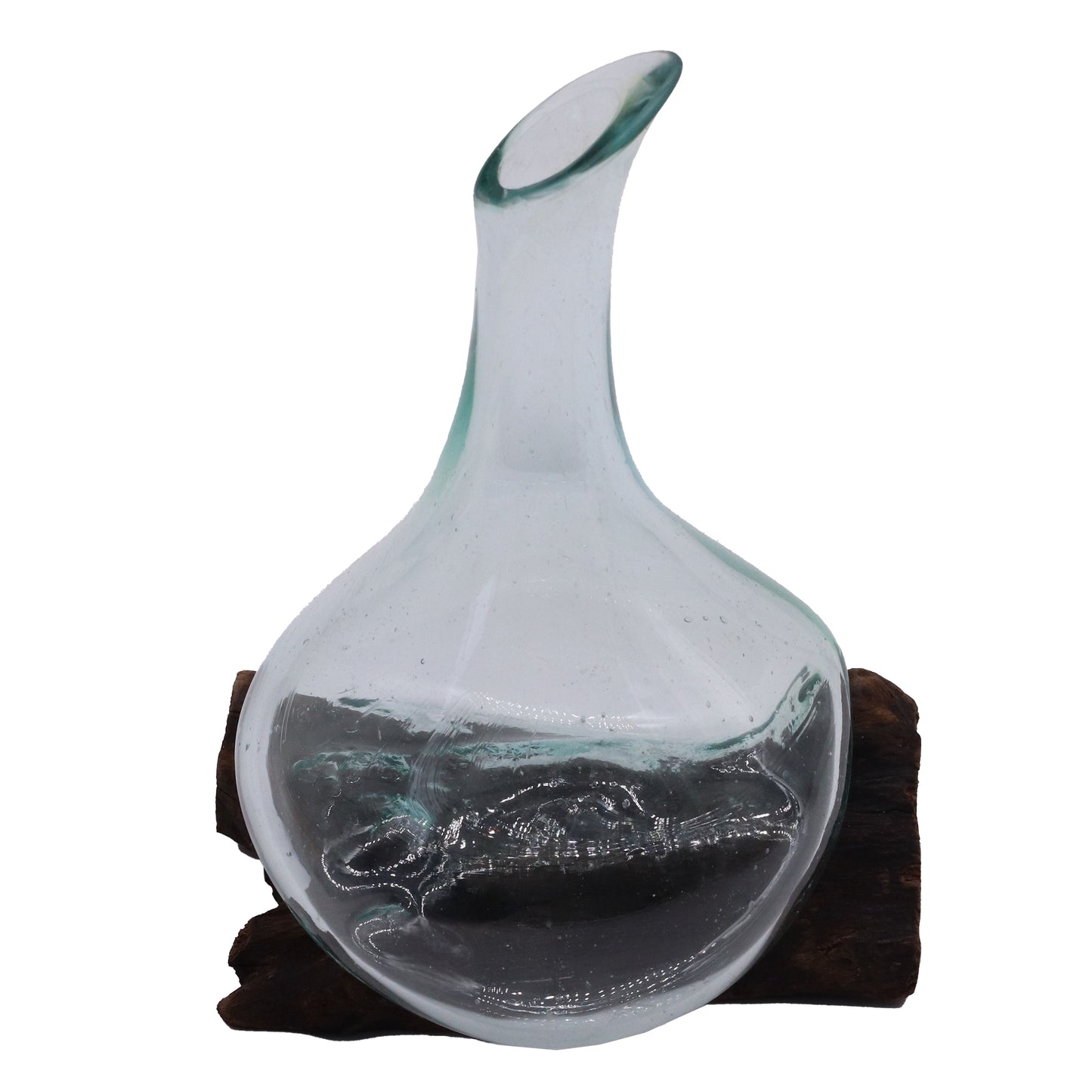 Handgefertigter Mini-Dekanter aus Glas auf Gamal-Holz – 20 cm