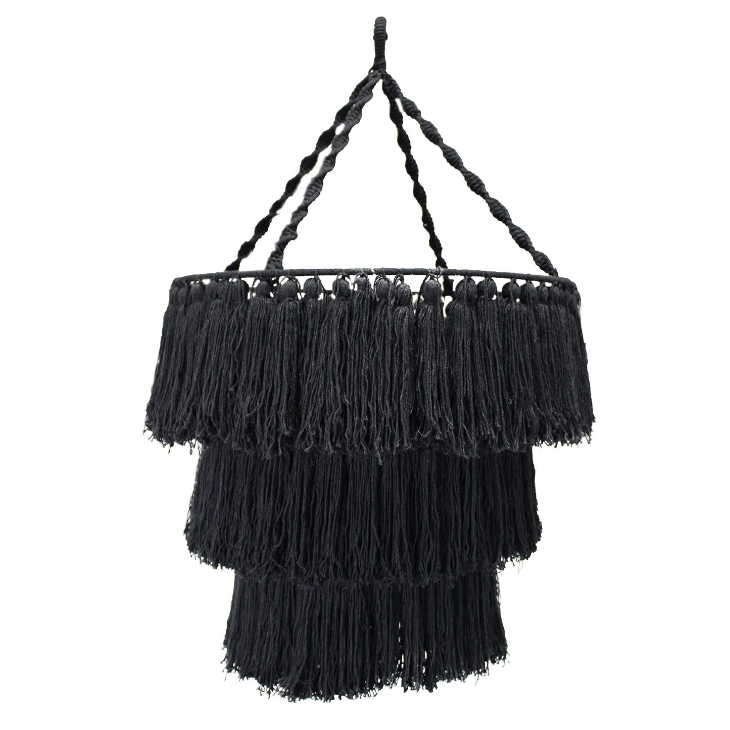 Handgeknüpfter Makramee-Kronleuchter in Schwarz – Boho-Chic Hängelampe aus Baumwolle