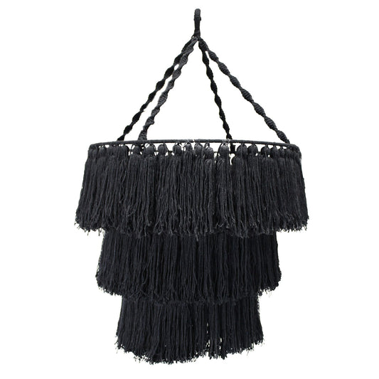 Handgeknüpfter Makramee-Kronleuchter in Schwarz – Boho-Chic Hängelampe aus Baumwolle