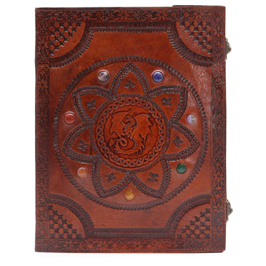 Drachen Mandala Ledertagebuch mit Chakra-Steinen – Handgefertigt in Indien