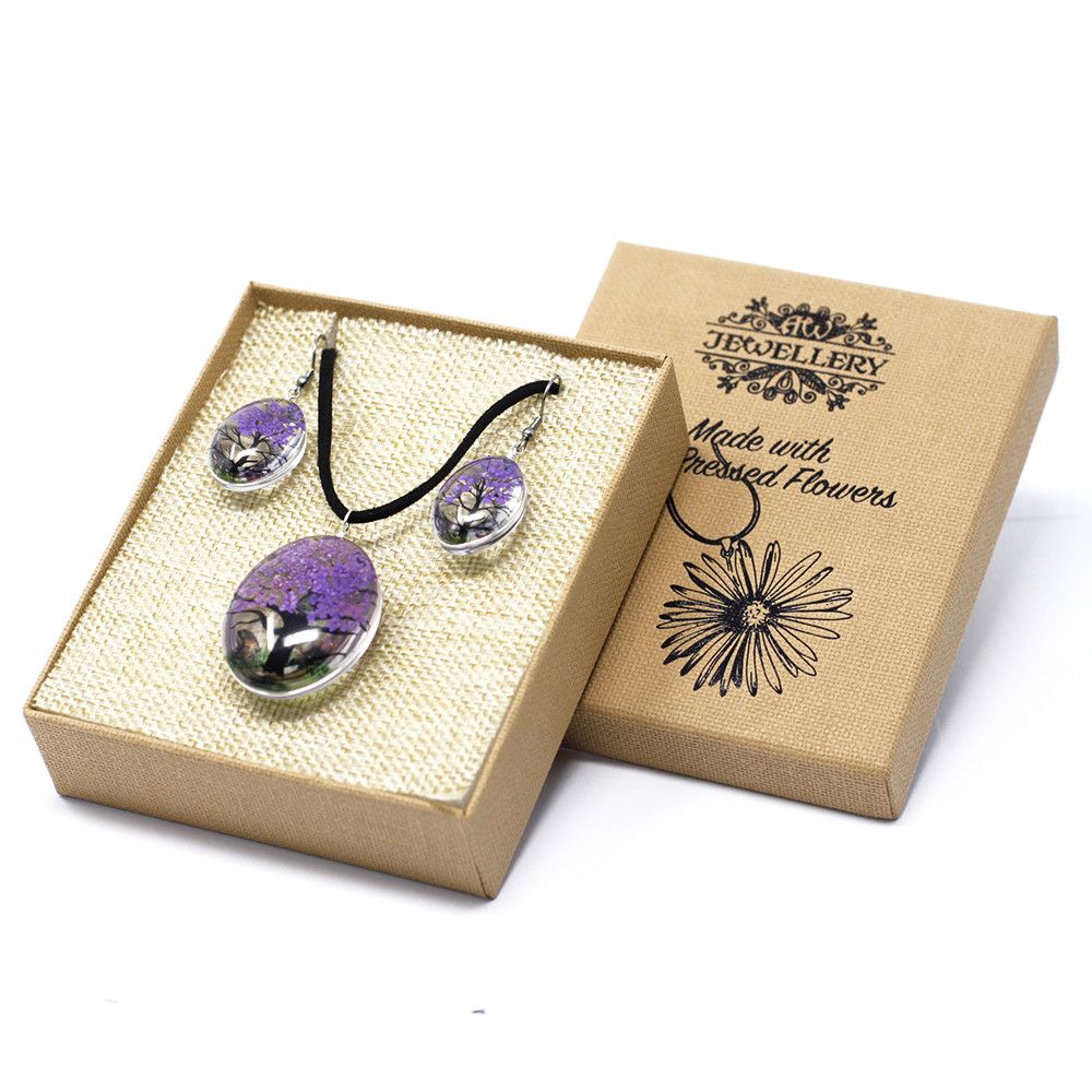 Schmuckset 'Baum des Lebens' mit echtem Lavendel – Halskette & Ohrringe
