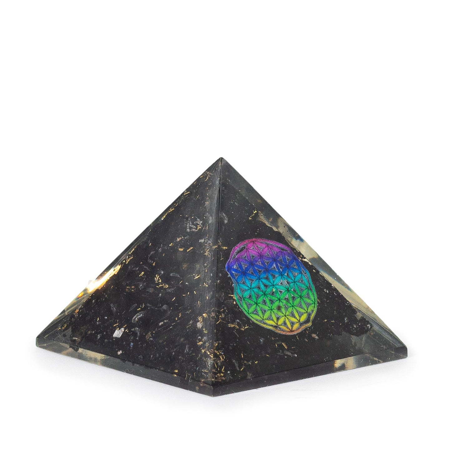 Orgonit-Pyramide 'Flower of Life' mit schwarzem Turmalin – Handgefertigte Raumharmonie