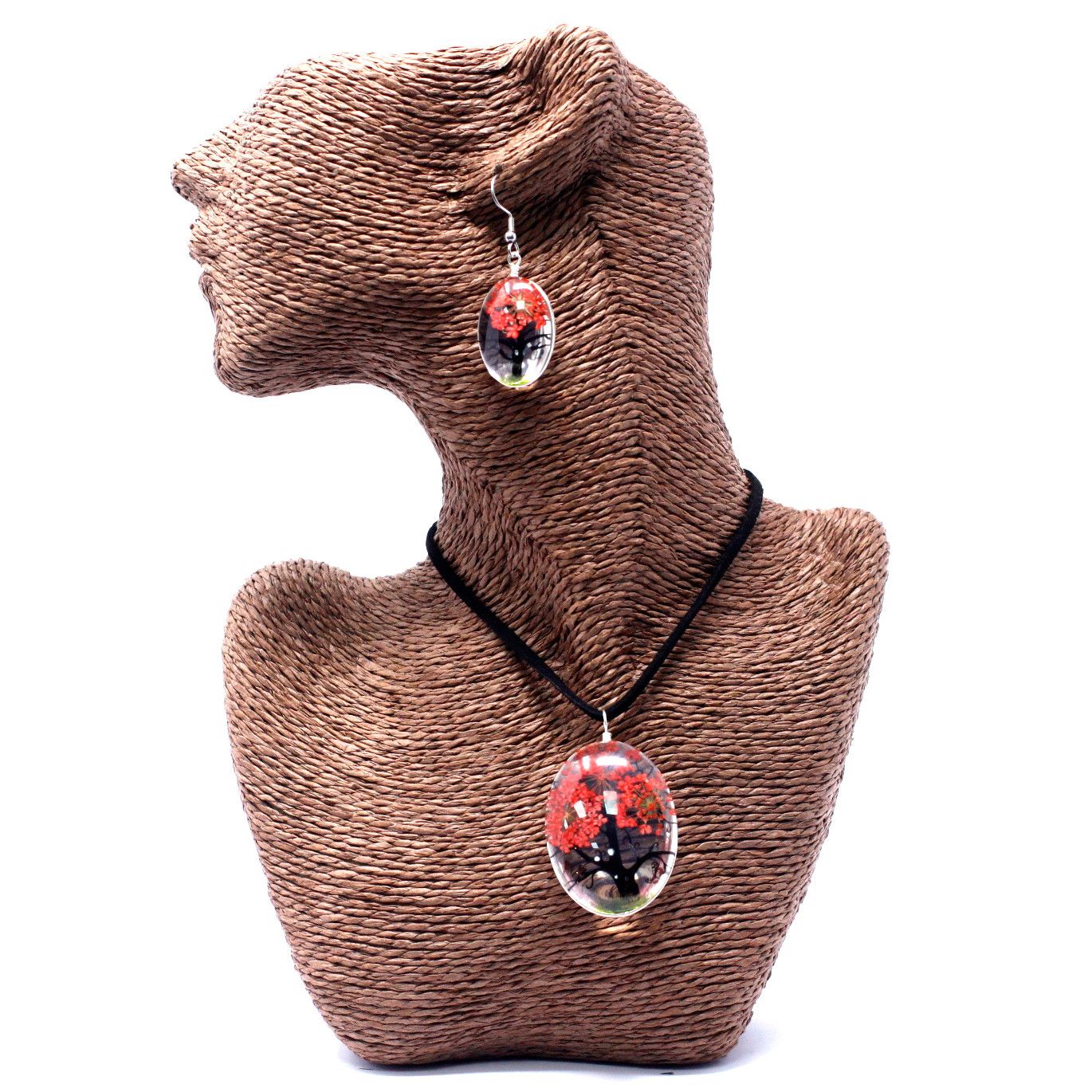 Schmuckset 'Baum des Lebens' in Koralle - Halskette & Ohrringe mit echten Blüten