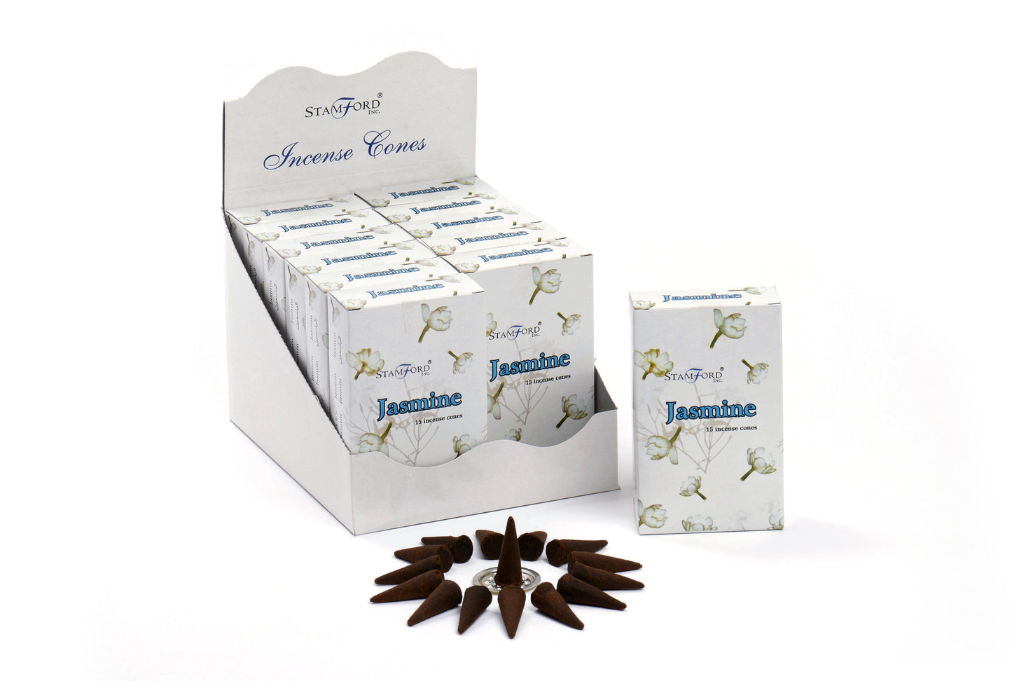 Räucherkegel Jasminblüten – 15 Stück inkl. Metallhalter