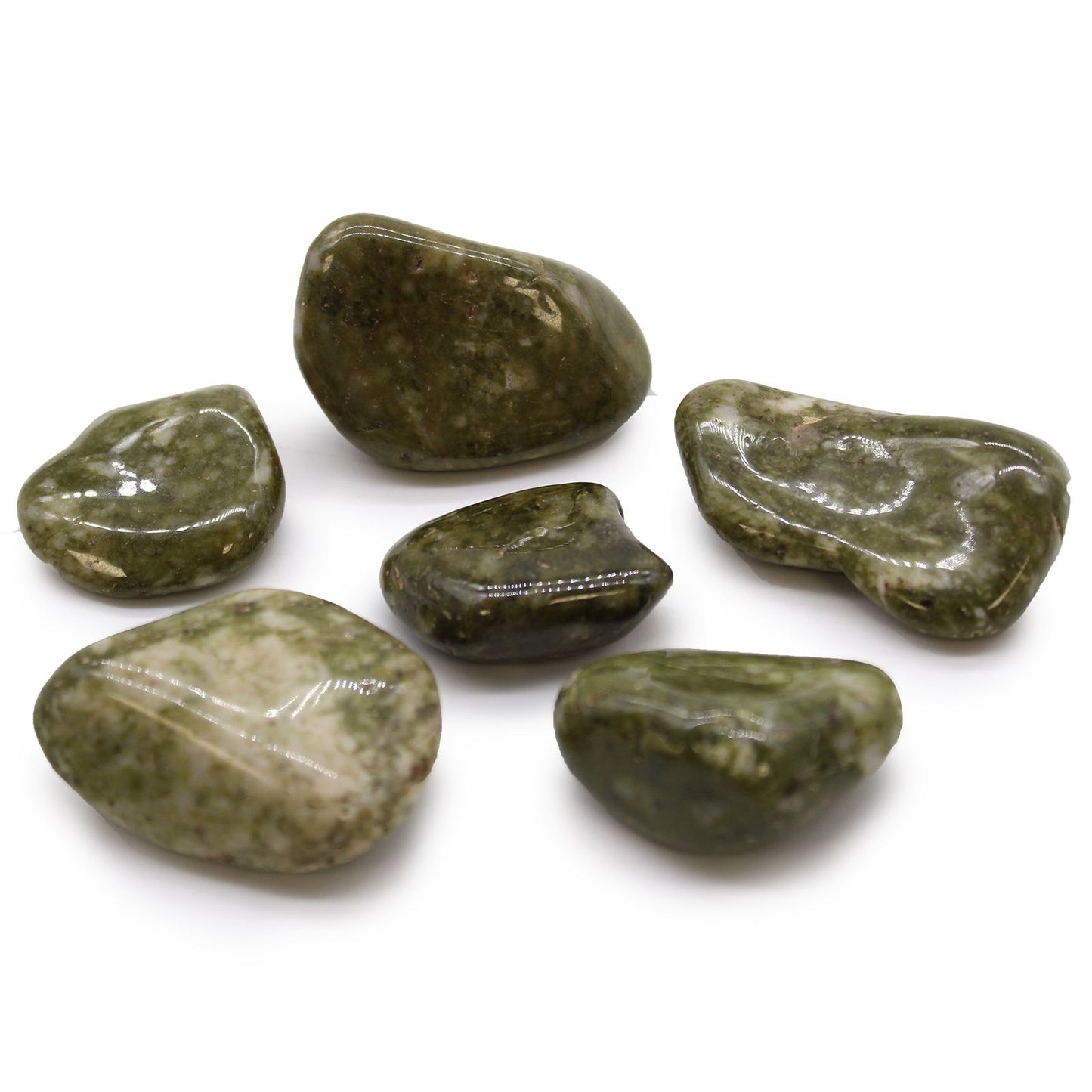 Set mit 6 großen Trommelsteinen Epidot Schneeflocke - Natürliche Eleganz aus Afrika