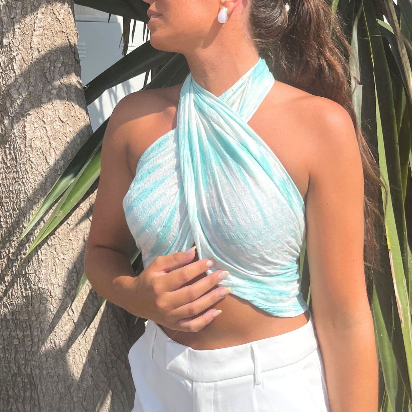 Boho Schal mit Teal Streifen & Motiven – Leinen-Rayon, 62x200 cm