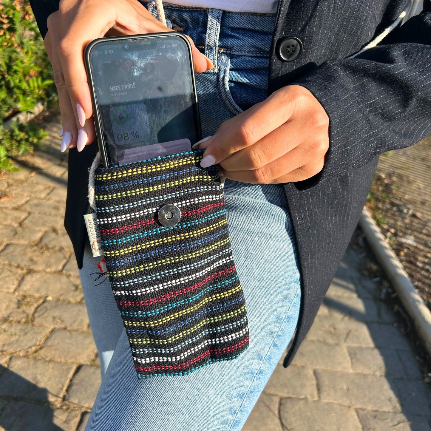 Handyhaltertasche mit Fuchs-Applikation – Fröhliches Streifendesign aus Baumwolle