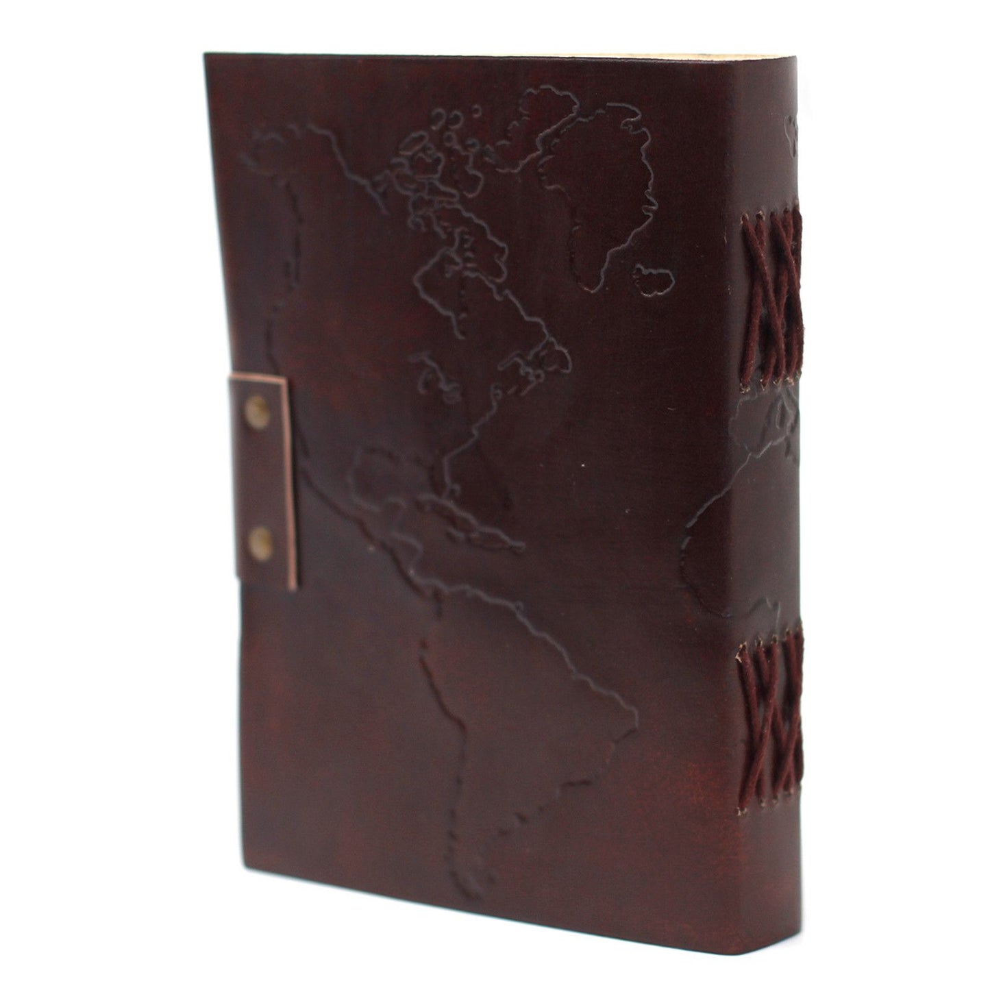 Handgefertigtes Ledernotizbuch mit Weltkarte & Stickerei – 18x13 cm