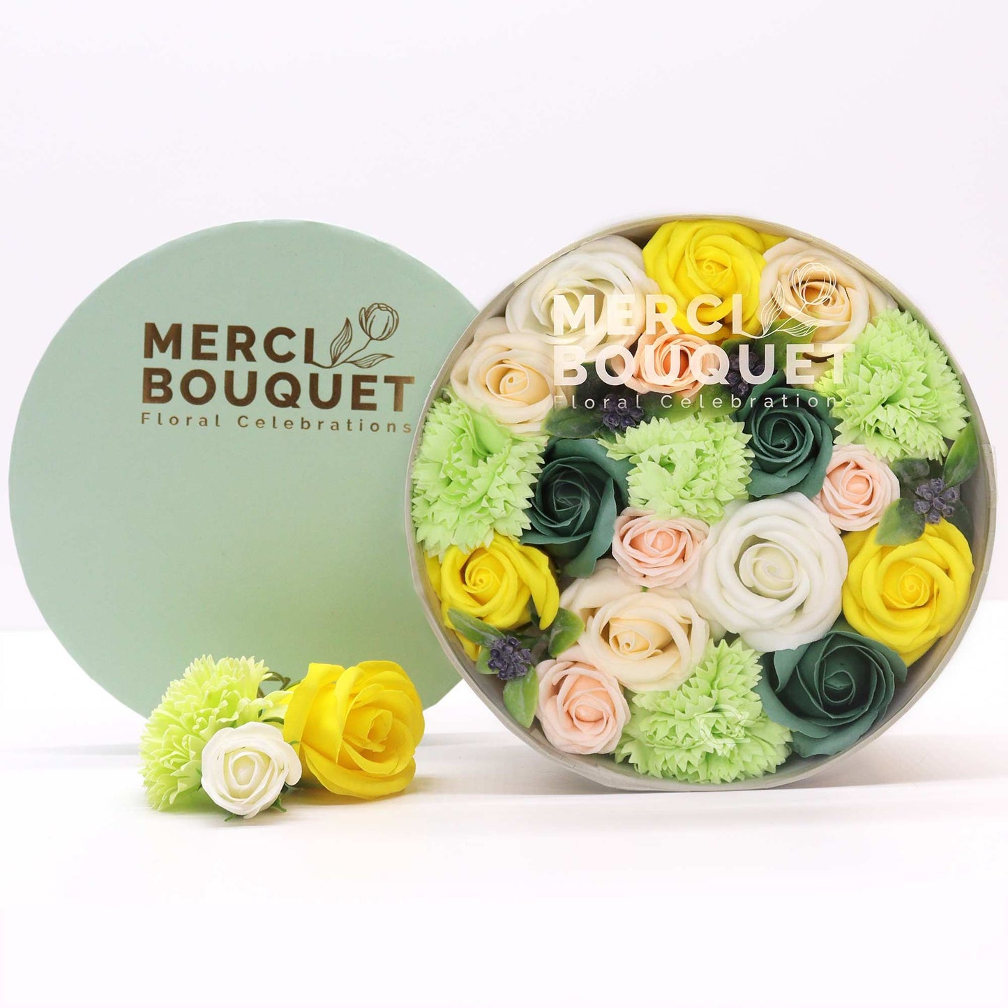Frühlingshafte Seifenblumen-Geschenkbox in Gelb und Grün
