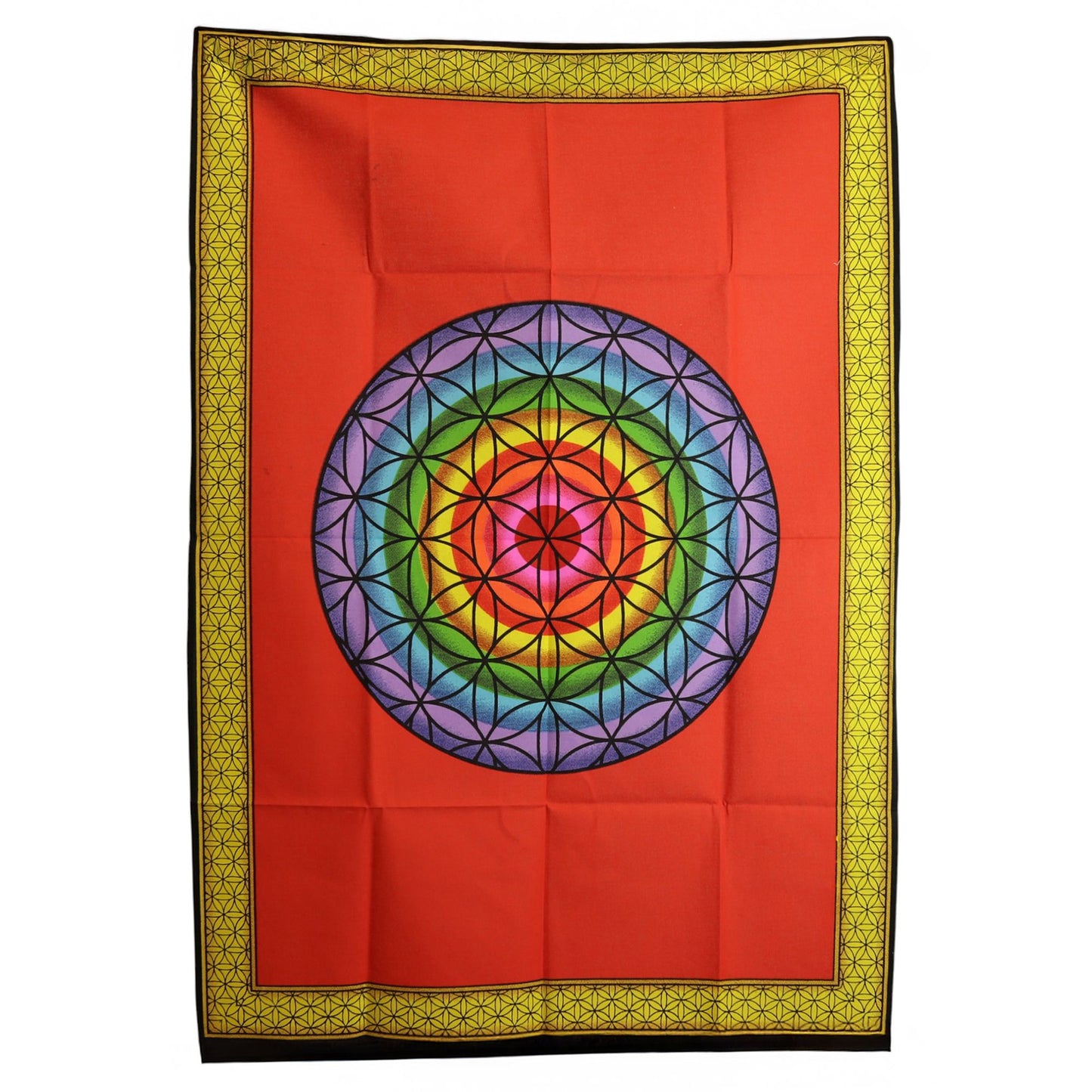 Wandbild 'Blume des Lebens' in Regenbogenfarben auf Rot (70x110 cm) - Baumwolle