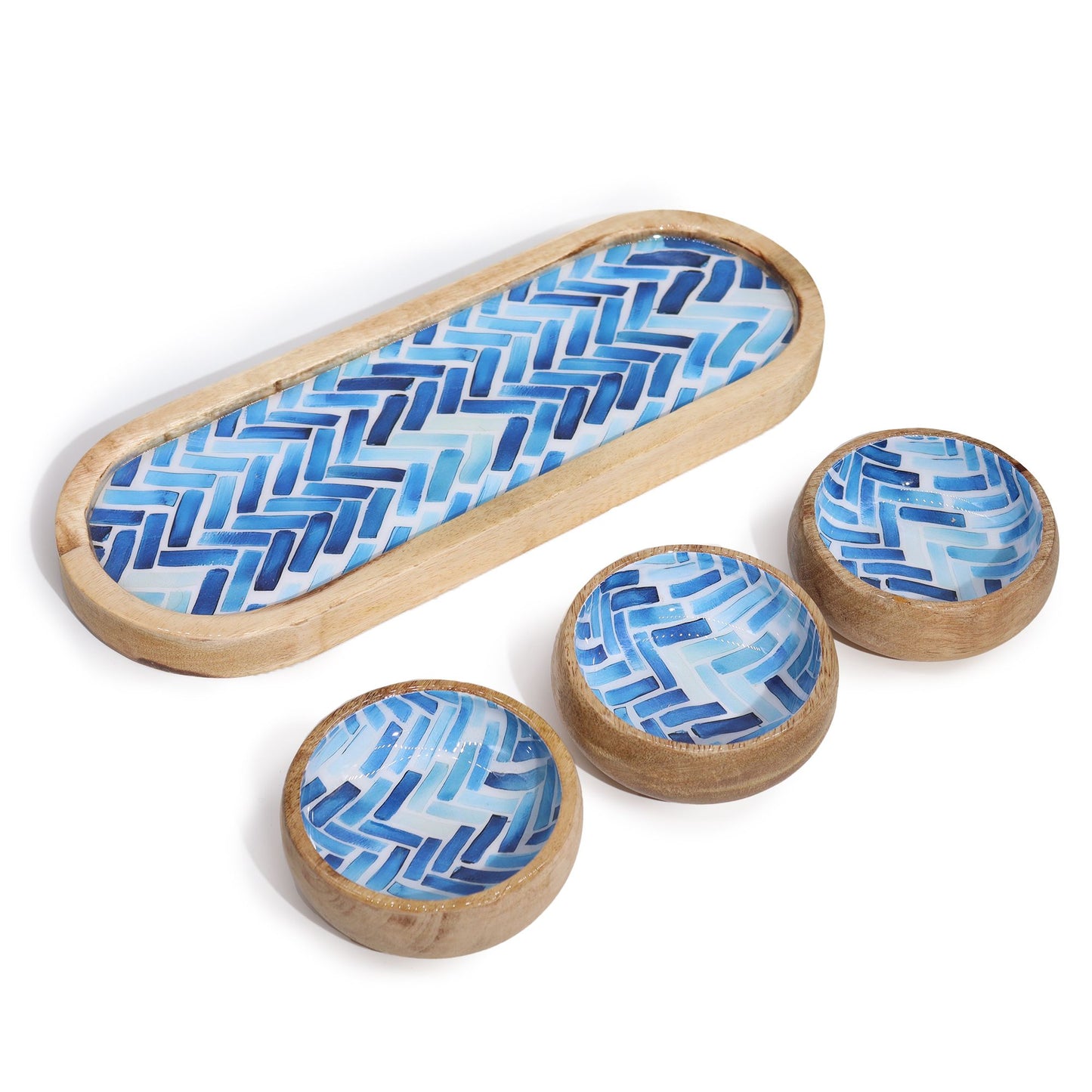 Mangoholz Tablett-Set mit 3 Schalen - Handbemaltes Blau-Weiß Streifendesign