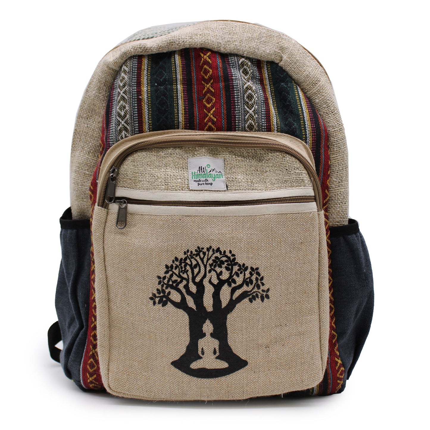Großer Rucksack aus Hanf-Baumwolle mit Bodhi-Baum Muster – Leicht & Organisiert