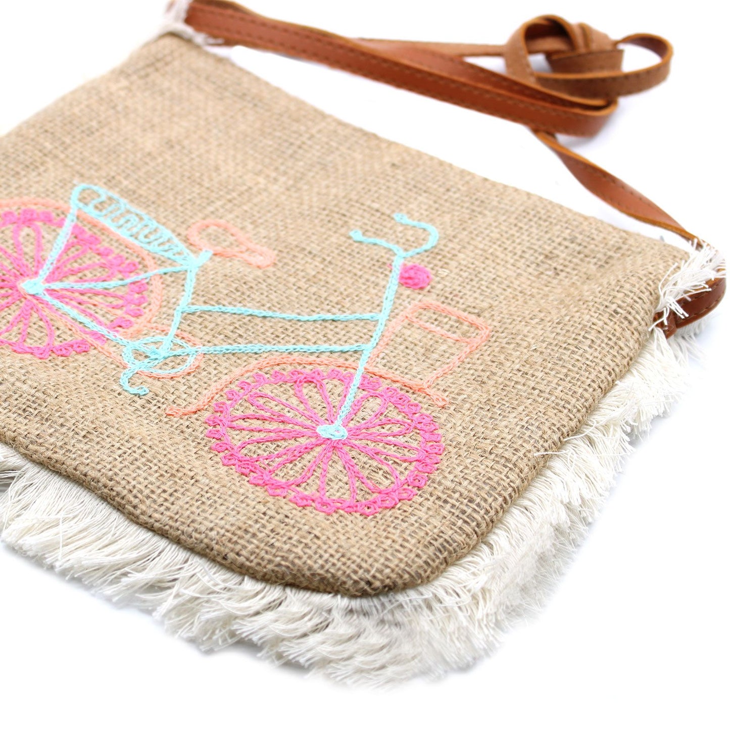 Jute-Fransentasche mit handgesticktem Fahrrad-Motiv