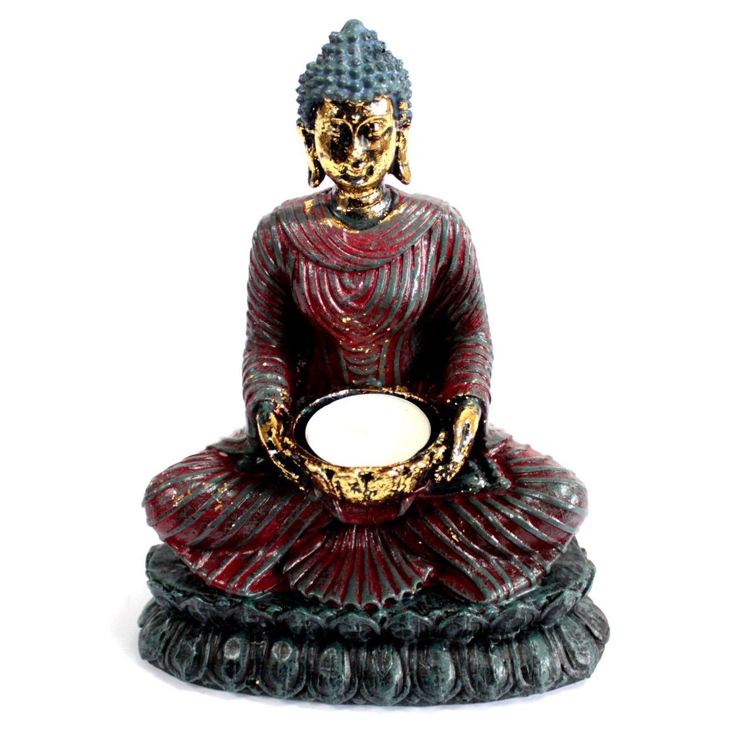 Kerzenständer 'Meditierender Buddha' in Antik-Optik aus Harz