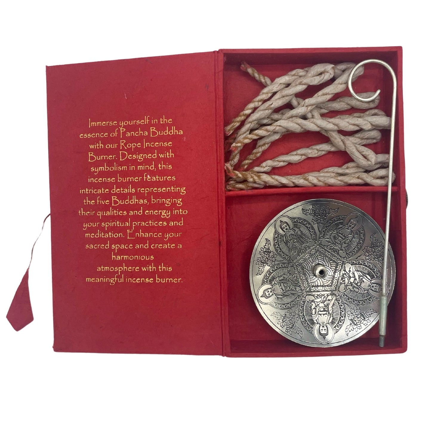Pancha Buddha Räucherschnur-Set mit versilbertem Halter – 10 Schnüre in Geschenkbox