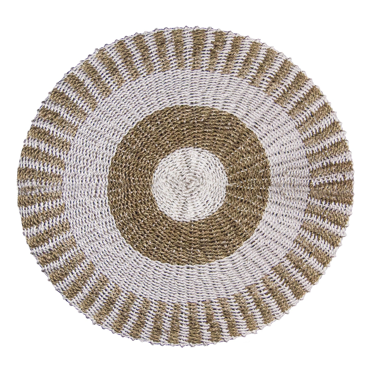 Handgewebter Rundteppich aus Seegras in Weiß & Beige, 100 cm