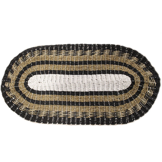 Ovaler Seegrasteppich in Schwarz, Weiß und Beige - 60 x 120 cm - Naturteppich Klassiker