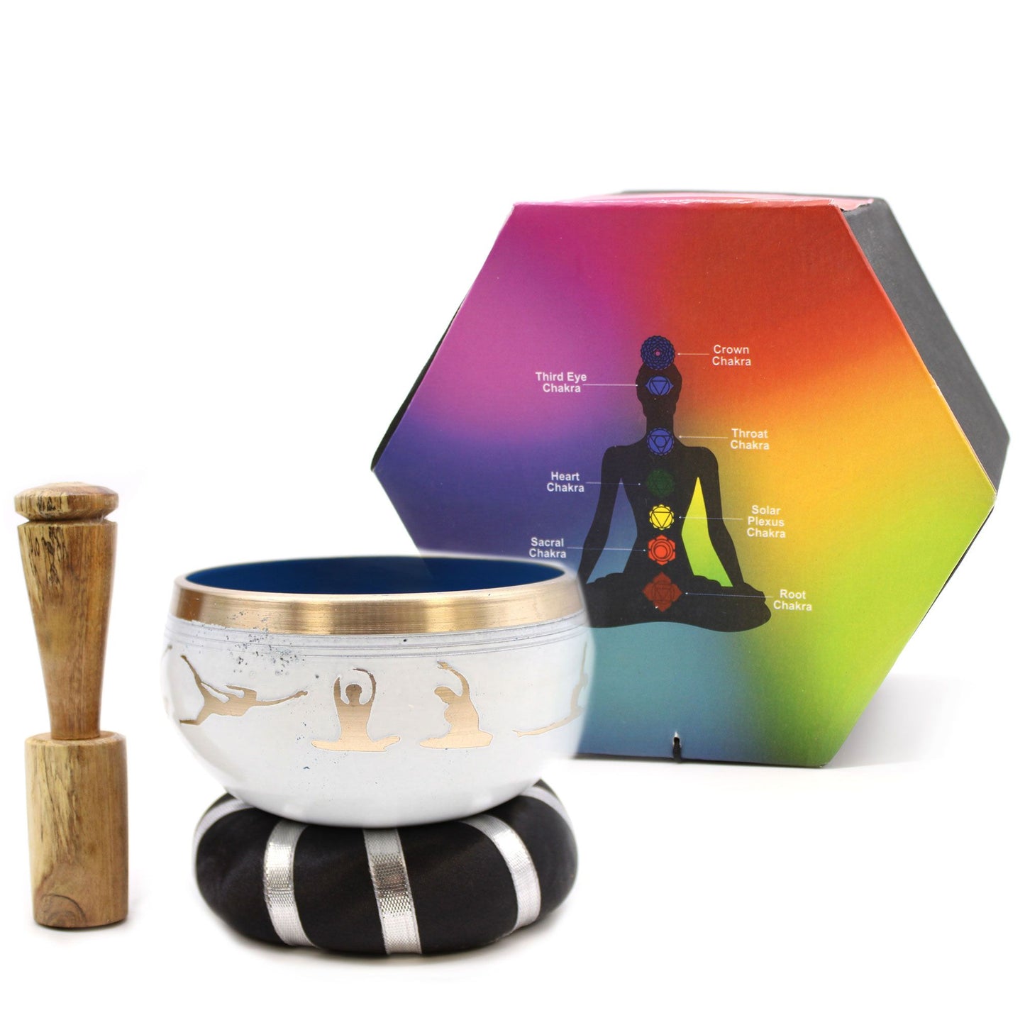 Klangschalen-Set Yoga Moves in Weiß-Blau, 10,7 cm – Handgefertigt aus Messing