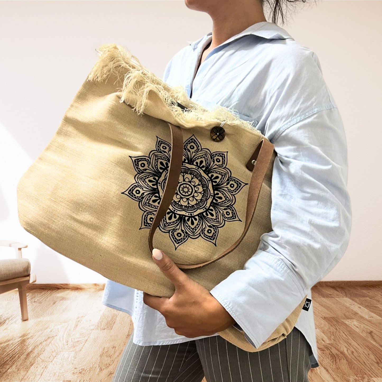 Natural Tote Bag – Baumwolltasche mit Lederhenkeln und Blume-des-Lebens-Motiv
