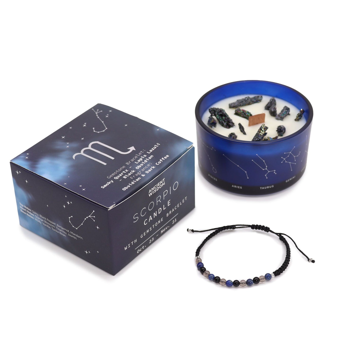 Kristallkerze Skorpion mit Edelstein-Armband – Starke Energie & Duft