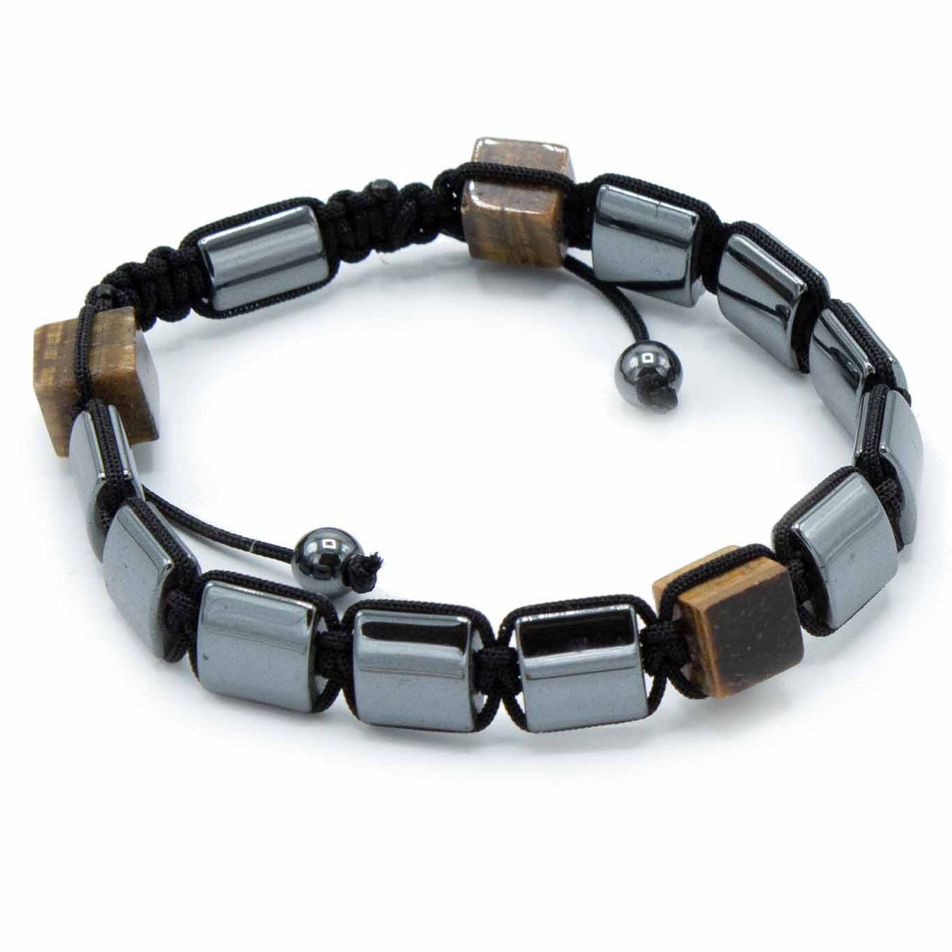 Shamballa Armband mit magnetischem Hämatit und Tigerauge-Würfeln