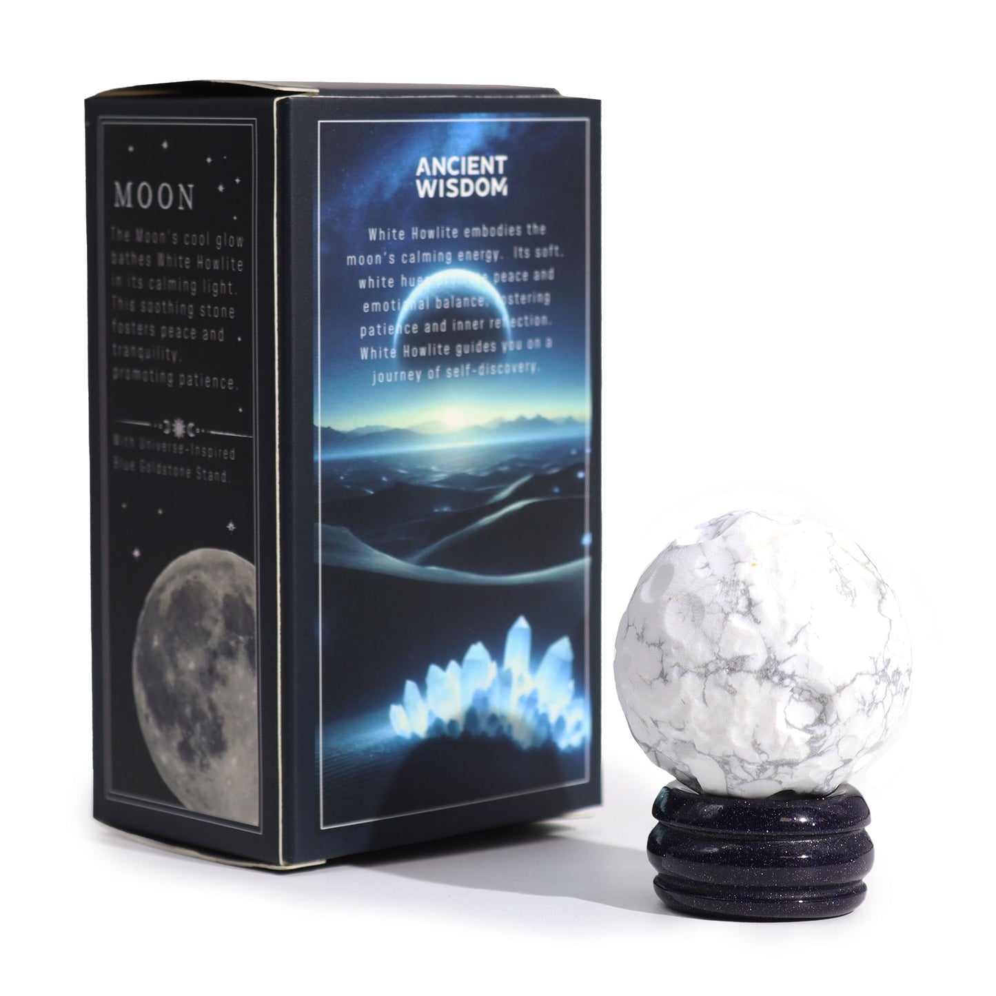 Mond-Planet aus weißem Howlit – Edelsteinkugel 40mm auf Sola-Goldstein-Sockel