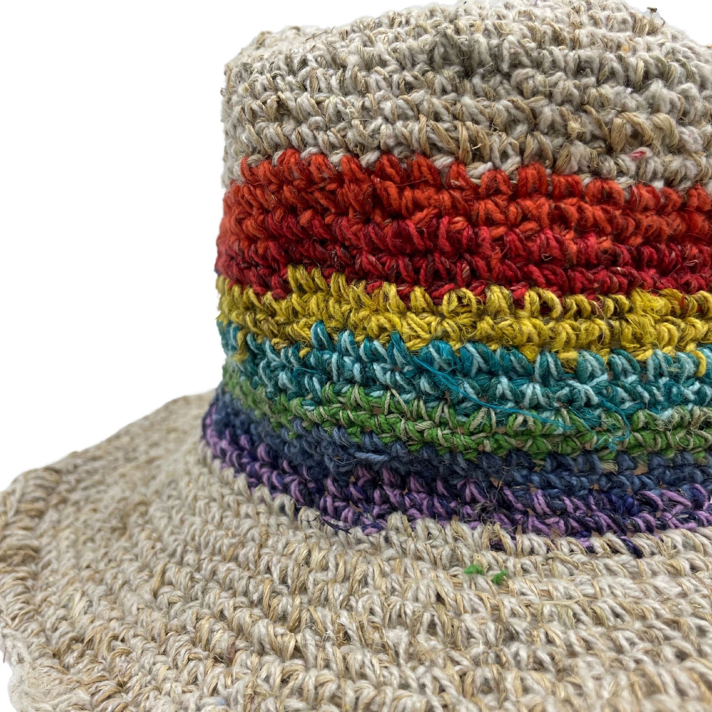 Handgestrickter Festivalhut in Regenbogenfarben - Hanf & Baumwolle