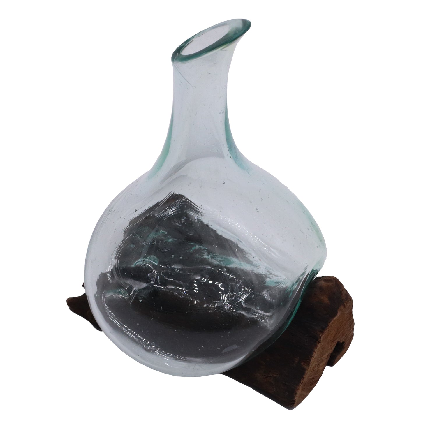 Handgefertigter Mini-Dekanter aus Glas auf Gamal-Holz – 20 cm