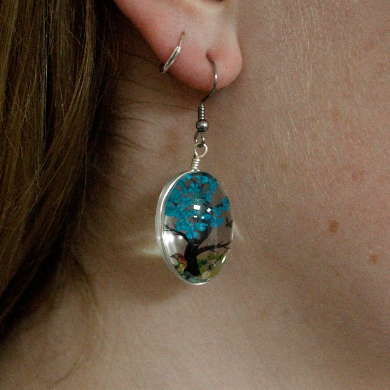 Blaugrünes Schmuckset 'Baum des Lebens' mit echten Blüten