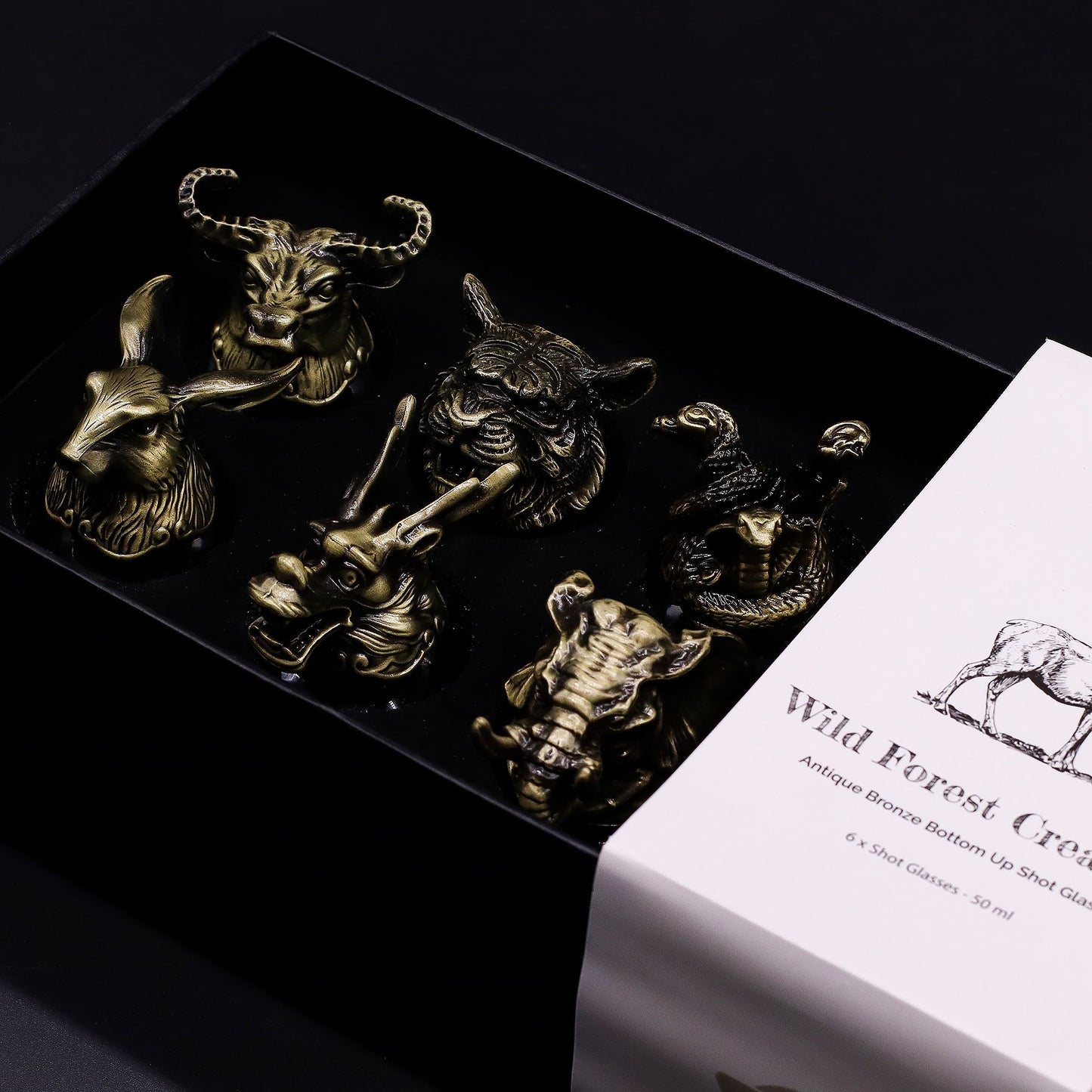 Set mit 6 Schnapsgläsern - Mystische Waldtiere in Antikbronze-Optik