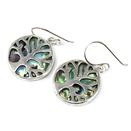 Lebensbaum Ohrringe aus Sterlingsilber mit Abalone-Intarsie - 15 mm