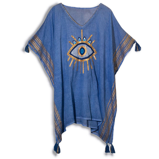 Handbemalter Kaftan in Tiefblau & Gold – Nazar-Motiv aus reiner Baumwolle