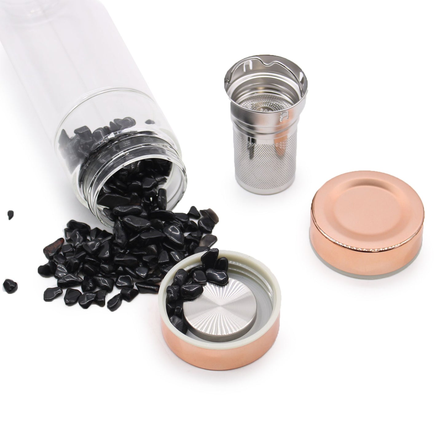 Glasflasche mit Teefilter – Rosenquarz-Design & Roségold-Deckel inkl. Schutzhülle
