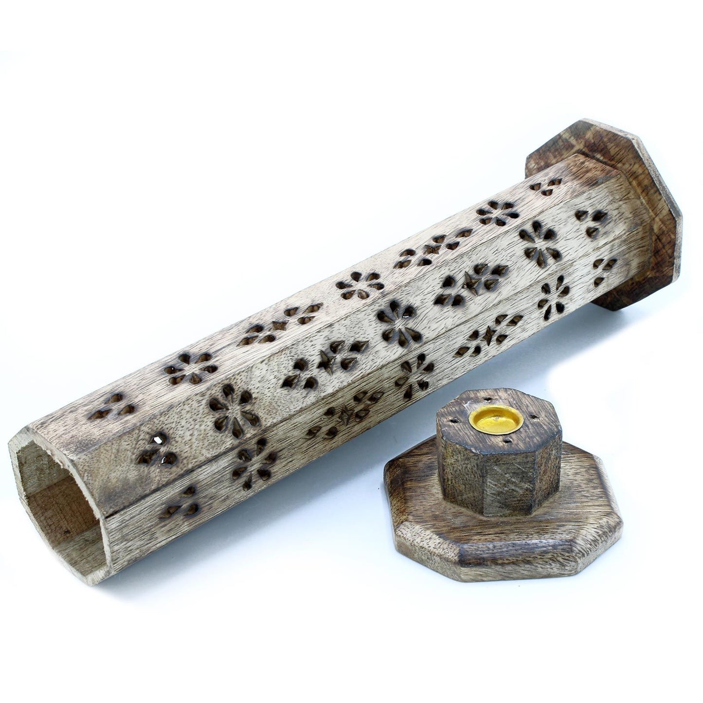 Räucherpyramiden-Set aus Mangoholz (2 Stück) – Handgeschnitzte Hexagon-Designs