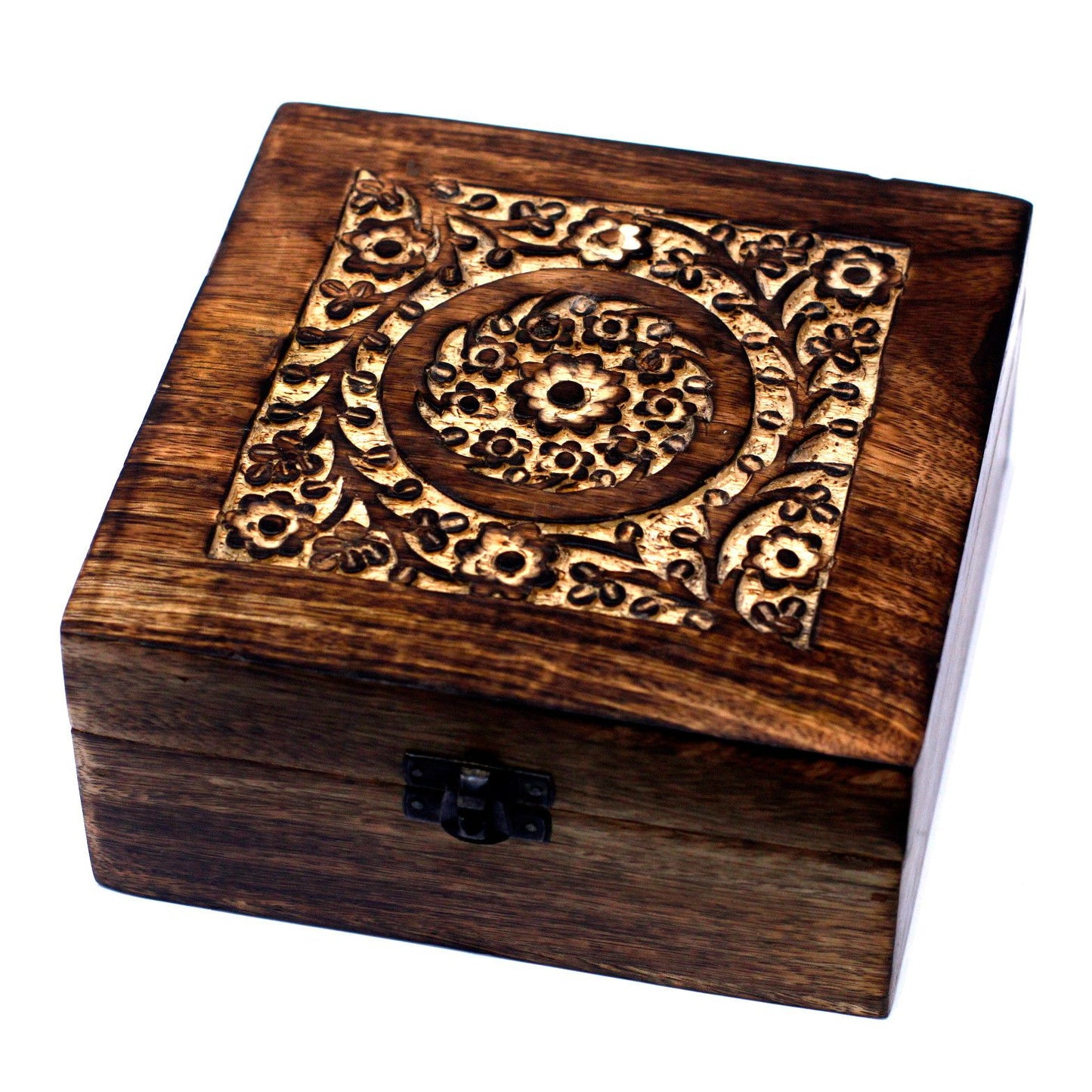 Mangoholz-Box mit Blumenmotiv für 25 Aromaöle – Handgeschnitztes Naturdesign