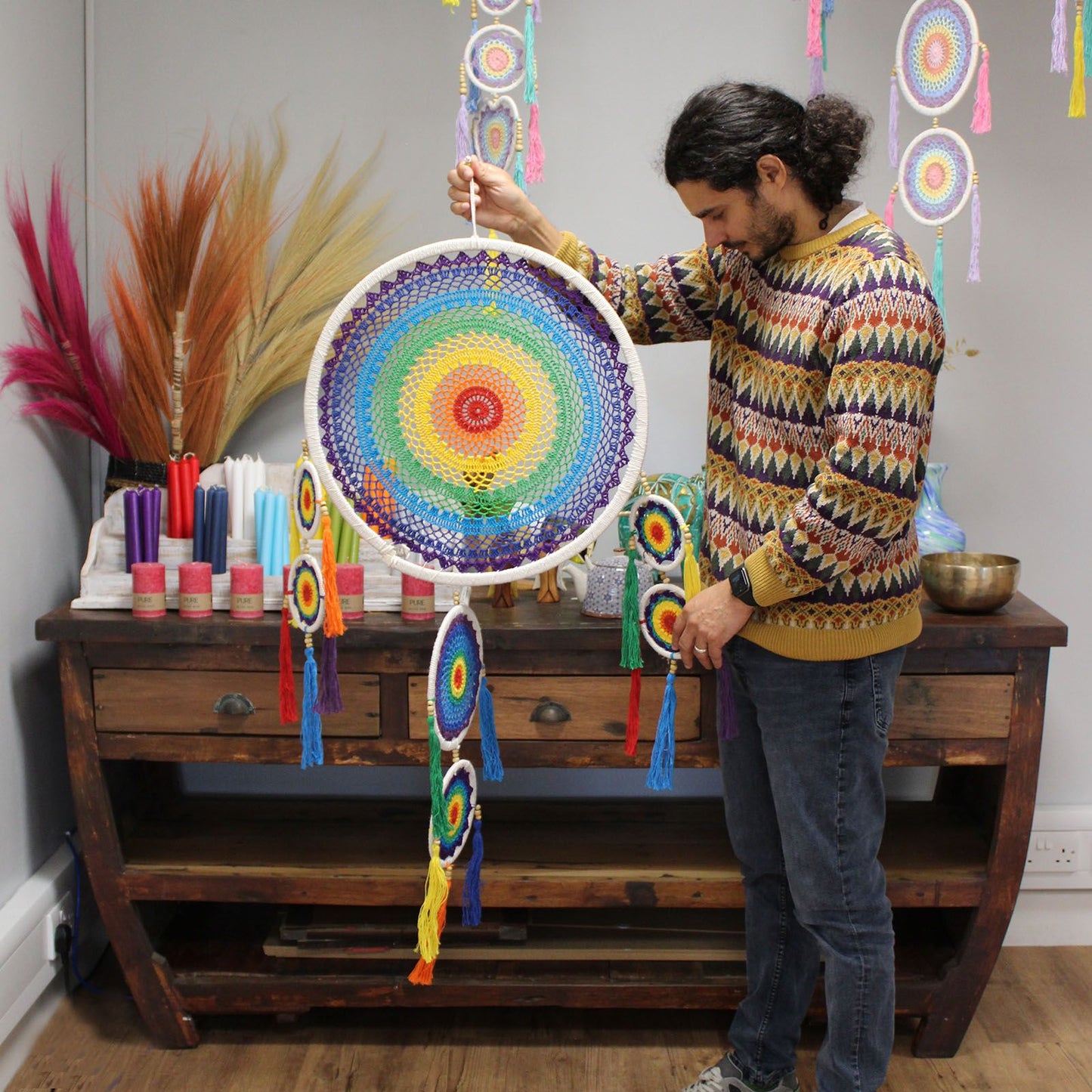 XXL Traumfänger 'Lebendiger Regenbogen' – 125 cm Handarbeit aus Bali