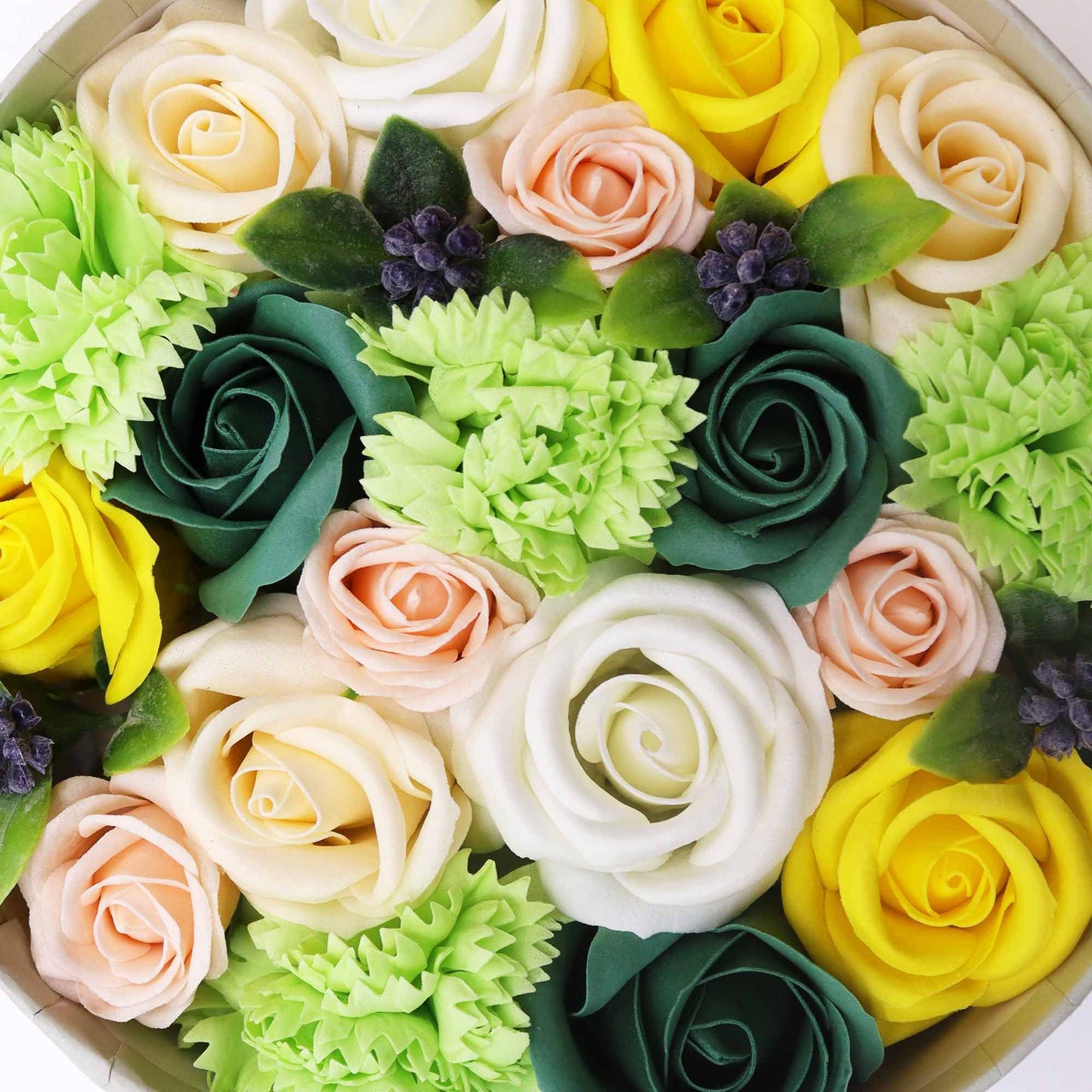 Frühlingshafte Seifenblumen-Geschenkbox in Gelb und Grün