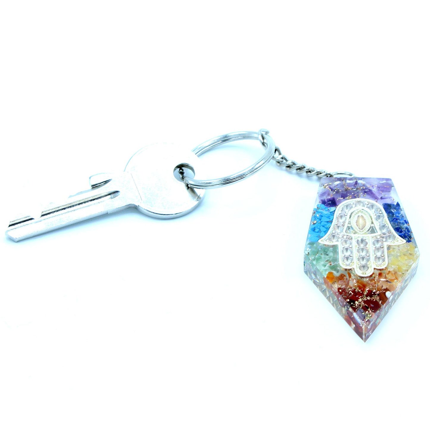 Hamsa Hand Orgonit Schlüsselanhänger mit Chakra Edelsteinen – Schutz & Harmonie