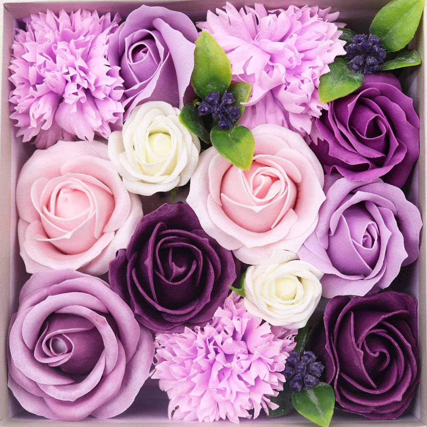 Seifenblumen-Geschenkbox 'Lavendel & Nelke' im Quadrat-Design