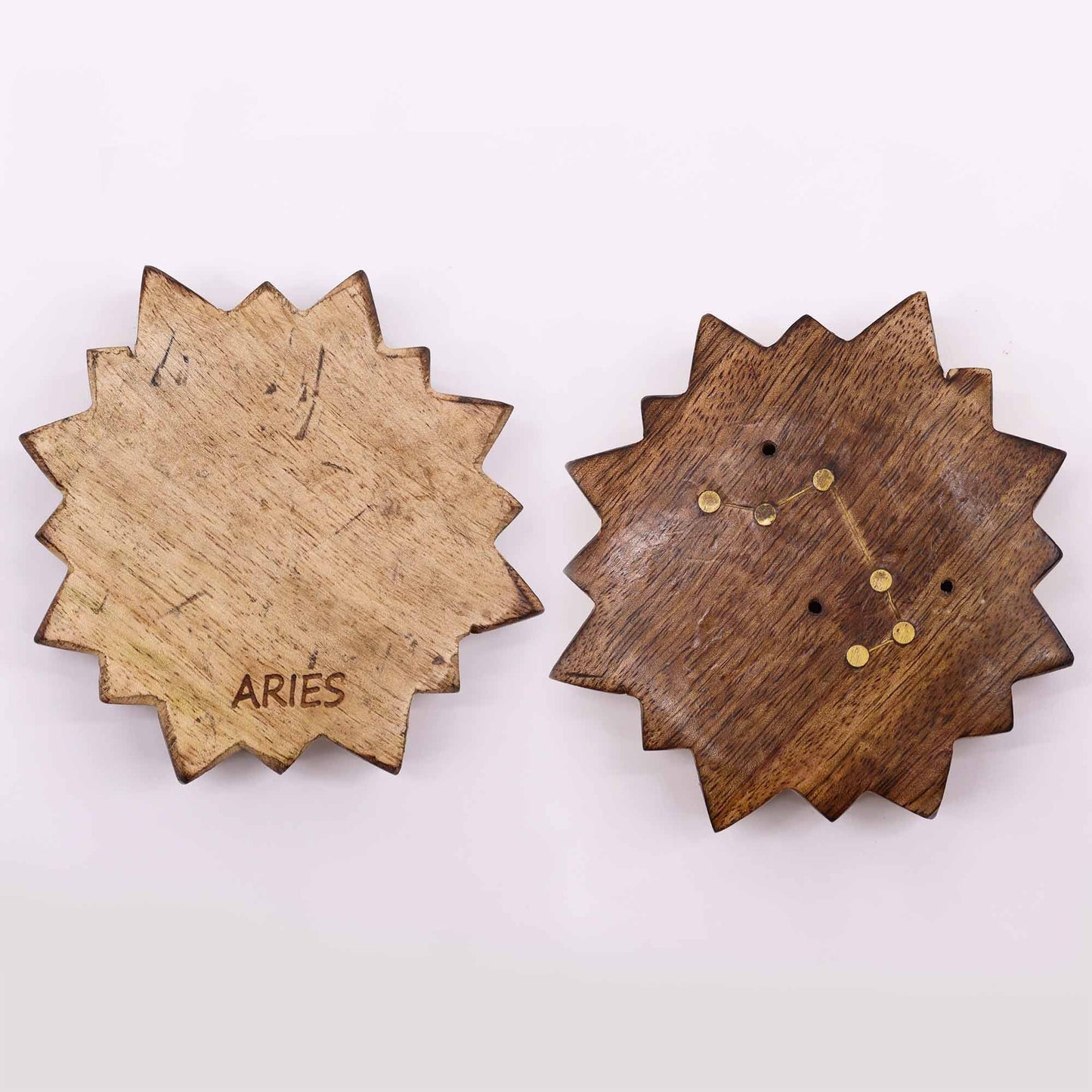 Set mit 12 Räuchersonnen - Gravur der Tierkreiszeichen in Mangoholz und Messing