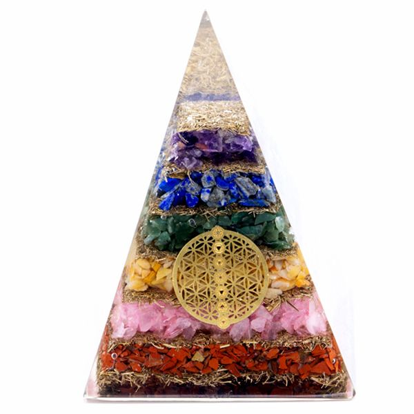 Orgonit-Pyramide mit 7 Chakra-Edelsteinen und Lebensblume - 7 cm