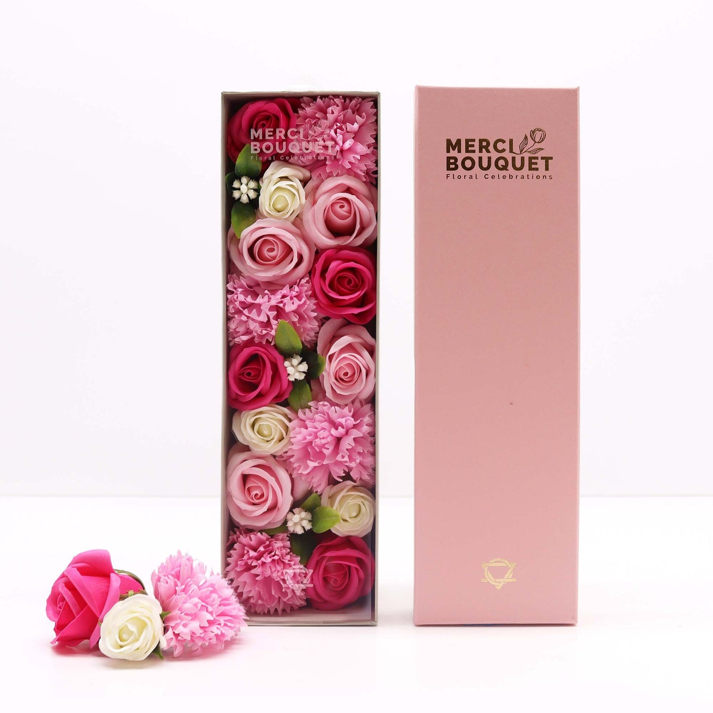 Seifenblumen-Geschenkbox 'Baby-Segen' in Zartrosa – Fertiges Arrangement