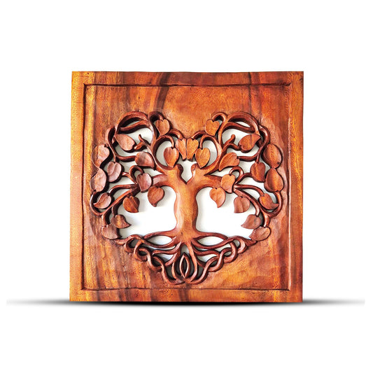 Lebensbaum-Herz aus Suar-Holz - Handgeschnitztes Wandbild 40x40 cm