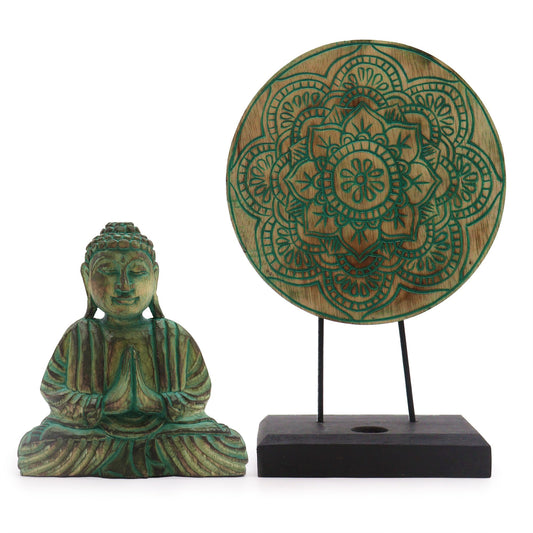 Buddha Figur mit Mandala-Ständer – Feng Shui Set in Grün