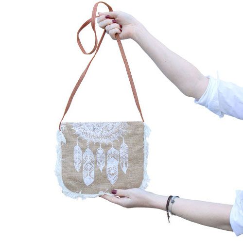 Mandela-Motiv Jutetasche mit Fransen – Handgestickter Naturlook