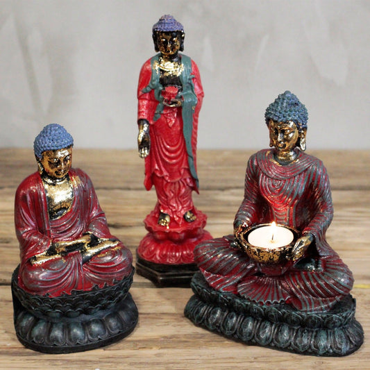 Kerzenständer 'Meditierender Buddha' in Antik-Optik aus Harz