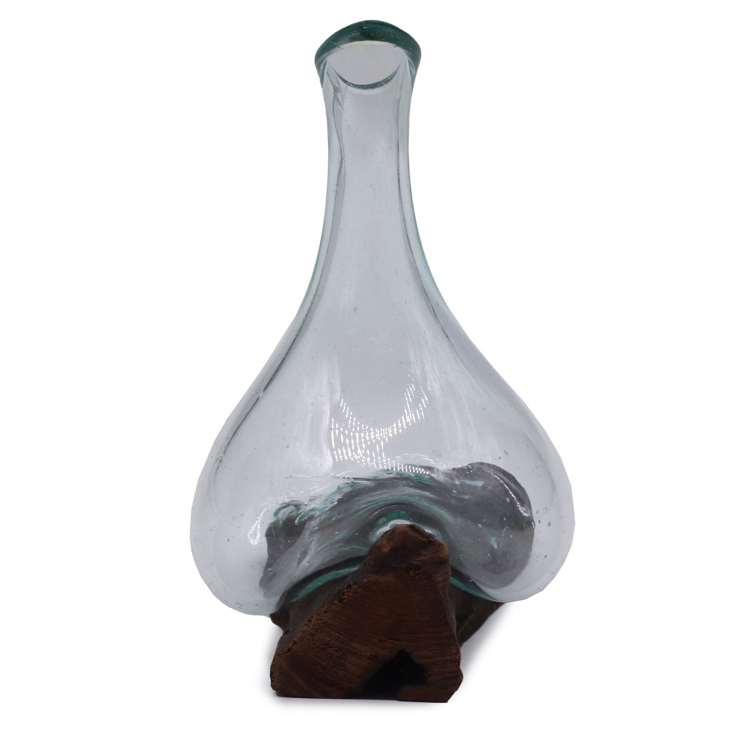Handgefertigter Mini-Dekanter aus Glas auf Gamal-Holz – 20 cm